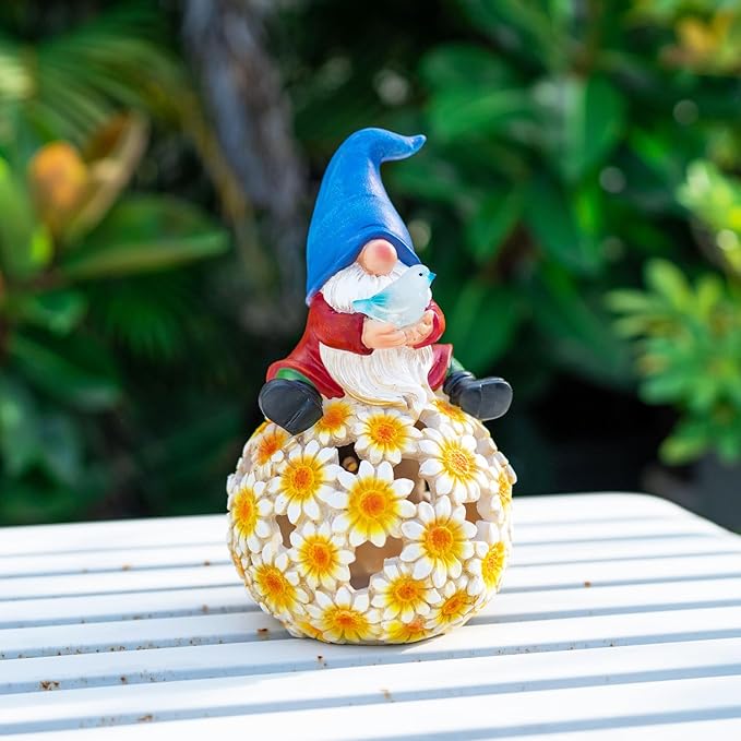 Solar Garden Gnome Outdoor Decoration Patio Porch Lawn Gnome Statue with LED Lights Christmas Gardening Birthday Ideal Gifts for Women Mom, Blue Gnome