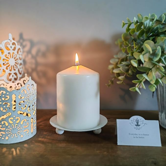Hosley Set of 2 Whitewashed Iron Pillar Candle Holder Plates – 4-Inch Decorative Round Trays for Pillar Candles – Ideal for Weddings, Special Occasions, Home Décor, and Pedestal Displays