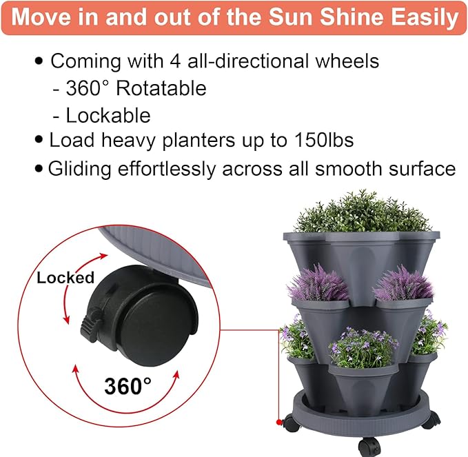 GameXcel Vertical Planter Tower- 3 Tier Stackable Garden Planter with Wheels and Tool Set – Grow Strawberries Herbs Flowers and Vegetables - Indoor Outdoor Use Dark Gray