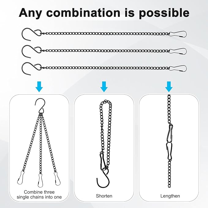6-Pack Chain for Hanging Plants, 30cm(12 Inch) Adjustable Hanging Chain with Clips for Bird Feeder/Planter/Lantern/Wind Chime, Iron Basket Extender Hanger [Black]