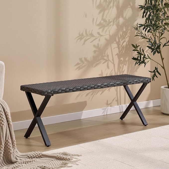 46" Patio Rattan Backless Bench, All-Weather Outdoor Bench for Garden Backyard, Porch, or Lawn