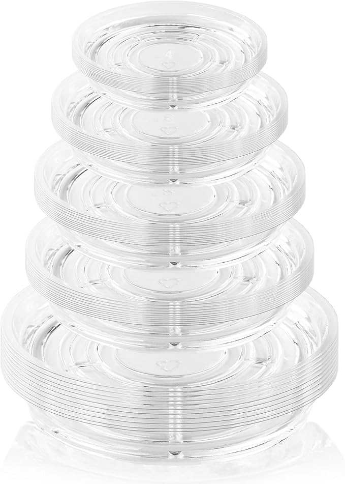 50 Pack Clear Plant Saucers for Indoors (4 6 8 10 12 Inch) Flower Pot Saucers for Potted Plants Plate Set Plant Trays for Indoors No Holes Plants Saucer Trays for Pots Drip Tray Bull Plastic Tray