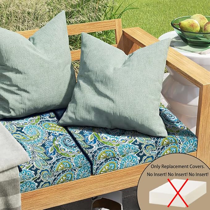 Magpie Fabrics Indoor Outdoor Cushion Cover Replacement 2 Pack, NO Insert! Water Repellent Slipcover with Ties Decor for Patio Garden Chair Seat Sofa Bench Wicker(Paisley Lapis Green, 24x24x4 Inch)