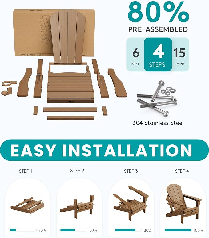 SERWALL Adirondack Chair Set of 8 Folding Adirondack Chairs with Cup Holder for Patio Garden Outdoors Fire Pit- Brown