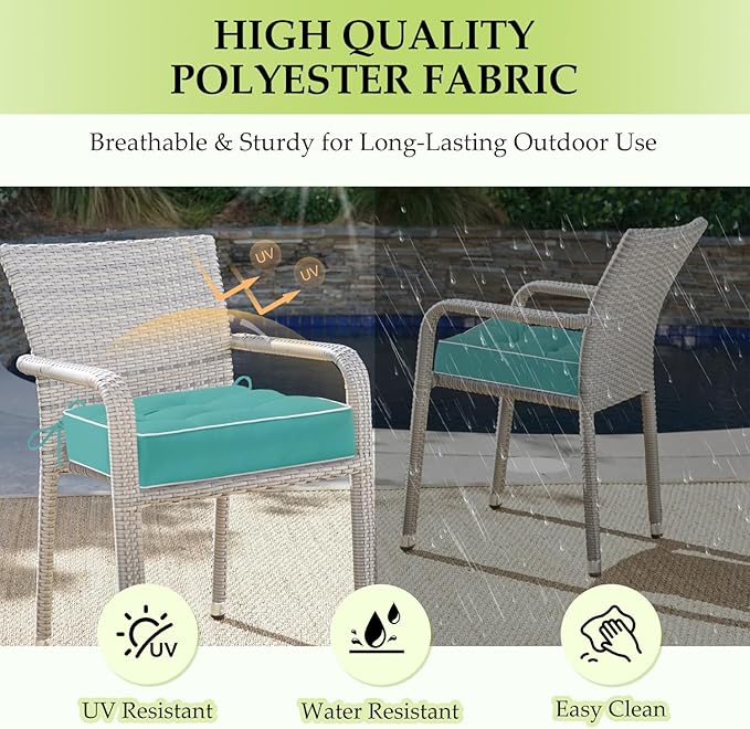 HARBOREST Outdoor Chair Cushions Set of 2, Tufted Patio Chair Cushions with Ties, Square Corner Outdoor Cushions for Patio Furniture, Lawn Chairs, Wicker Chairs, 17" x 17" x 5", Teal