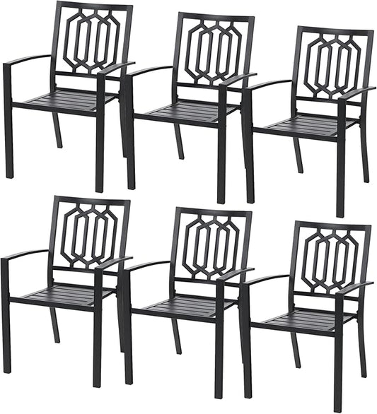 PHI VILLA Metal Outdoor Dining Chairs Set of 6 - Stackable Black Patio Chairs, 300lb Capacity (Geometry)