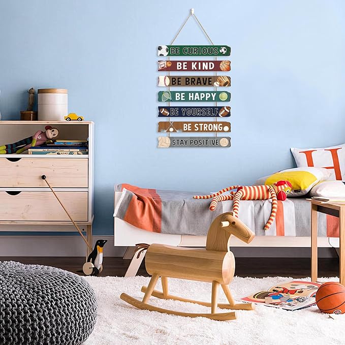 HLNIUC Sport Themed Wood Sign(11”x2”) Basketball Motivational Sayings Wall Decor,Inspiring Be Curious Be Kind Hanging Plaque,Be Yourself Classic Hanging Sign for Boys Kids Room Playroom Nursery Decor