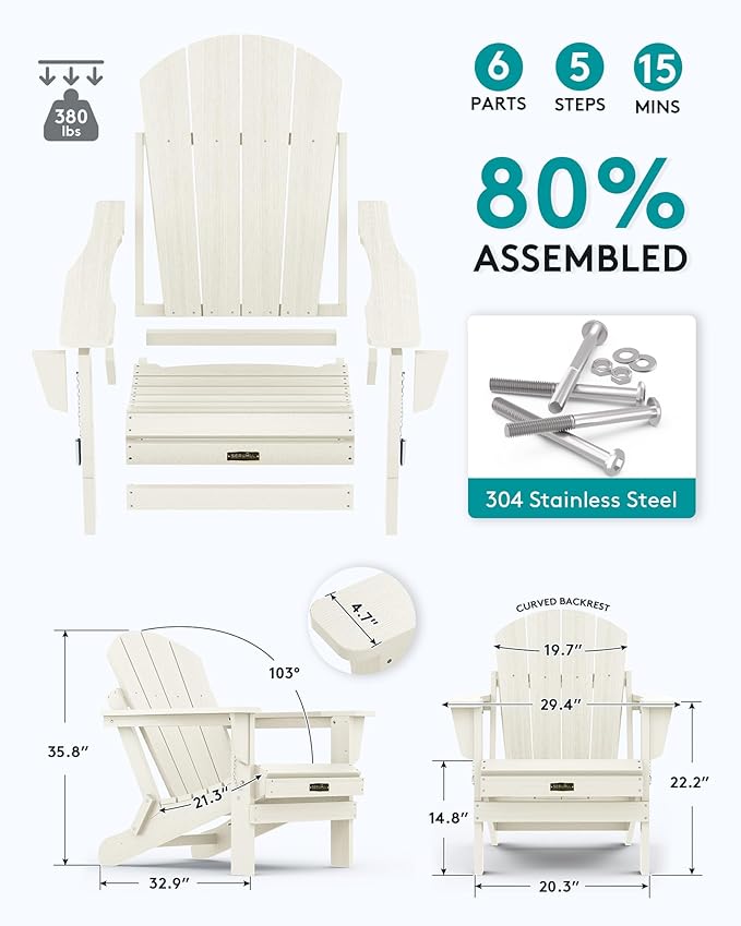 SERWALL Folding Adirondack Chair - HIPS Adirondack Chairs Outdoor Chairs Weather Resistant Fire Pit Chairs- White