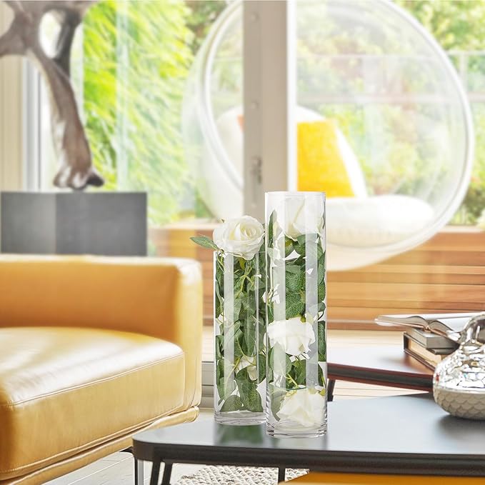 WGVI Quality Thick Weighted Clear Cylinder Glass Vases, 4" W x 8" H, Flower Arrangement Floating Candle Holders Wedding Centerpieces Terrarium Planter Floral Storage Container, Bulk Wholesale, 12 Pcs