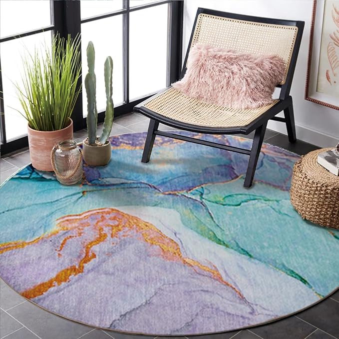 Abstract Washable Indoor Outdoor Round Rug, 6' x 6', Teal, Stain Resistant, Easy Clean, Modern Teal Patio Rug for Indoor/Outdoor Patio, Deck, Porch, Garden, Courtyard