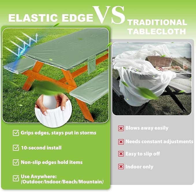 Picnic Table Cover with Bench Covers Vinyl Elastic Edges Fitted Rectangle Seat Tables Waterproof 3-Piece72X30in Set Outdoor Rectangular Folding Backing Tablecloth for Camping Over Size