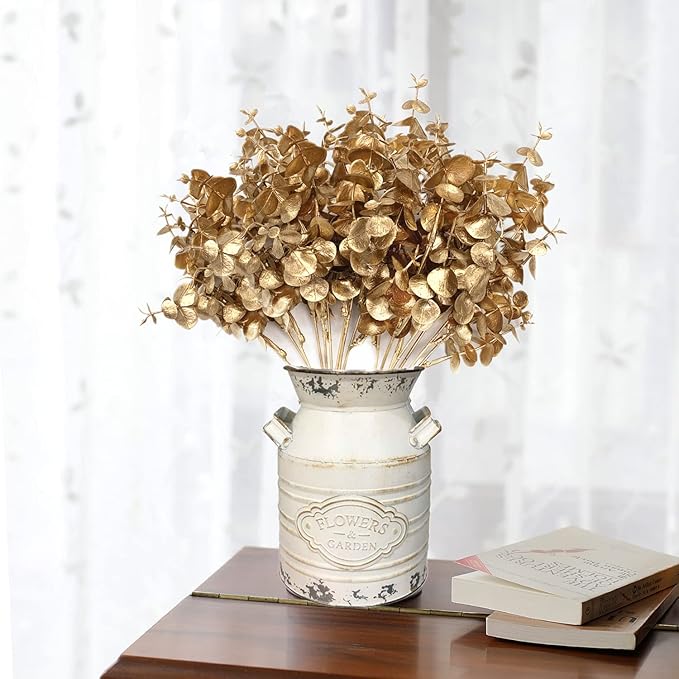 CATTREE Artificial Golden Eucalyptus Decorations, Fake Gold Plants Shrubs Faux Simulation Foliage for Wedding Party Indoor Hotel Hall Table Centerpieces Christmas DIY Decor Planting Filler - 4 Pack