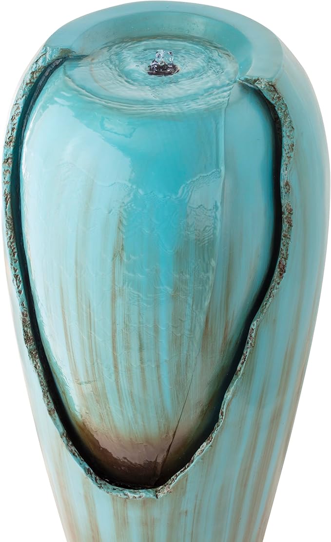 Alpine Corporation 33" Tall Outdoor Antique Jar Water Fountain, Vintage Cascading Design with LED Lights, Garden, Patio & Yard Decor, Turquoise