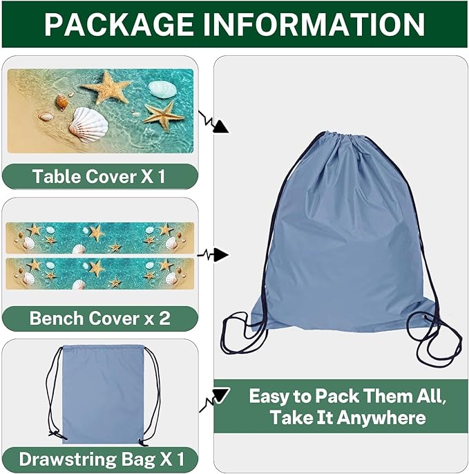 Picnic Table Cover with Bench Covers Elastic Edges, Beach Fitted Table Cover, Outdoor Patio Camping Essentials 96 Inch 3PCS, Waterproof Camping Fitted Tablecloth with Drawstring Bag