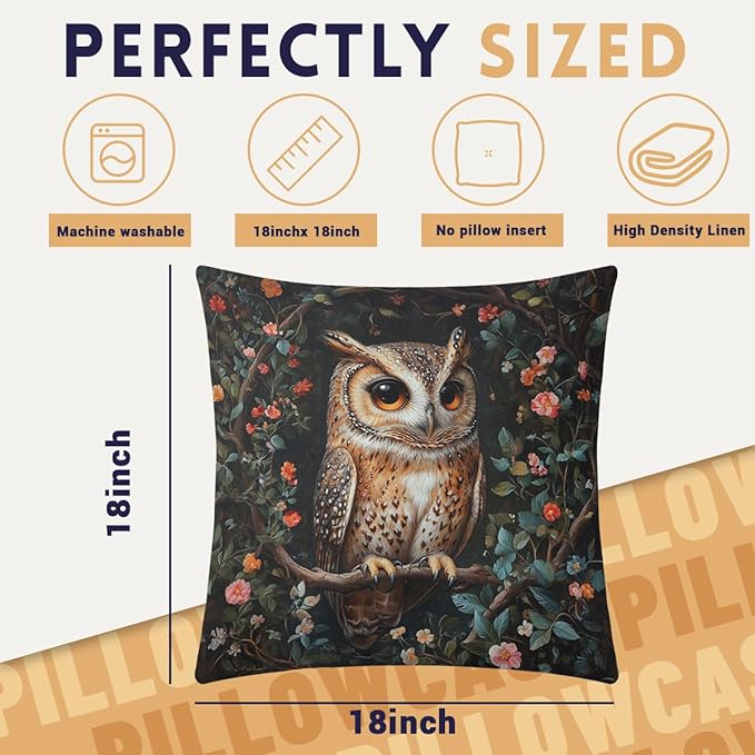 Owl Forest Pillow Covers 18x18 inch Set of 4, Mystic Woodland Flowers Dark Academia Throw Pillow Covers Farmhouse Cushion Case Decor for Sofa Couch