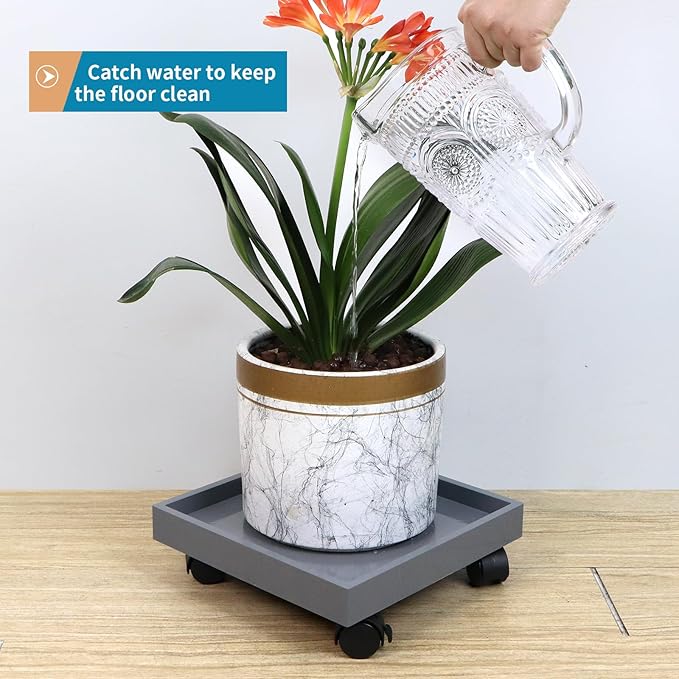 Plant Caddy with Wheels, 11" Square Plant Pallet, Plant Pot Trolley (Grey)