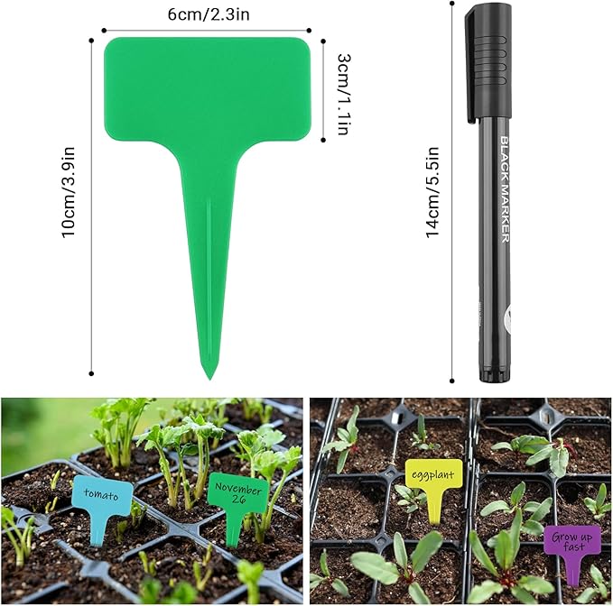 Greaner 4 Inch Plant Identification Stakes, 100 PCS Durable Garden Plant Markers, Plastic Plant Tags with Marker Pen, T-Type Plant Name Stakes for Vegetable, Herb, Flower, Tree(Multicolor)