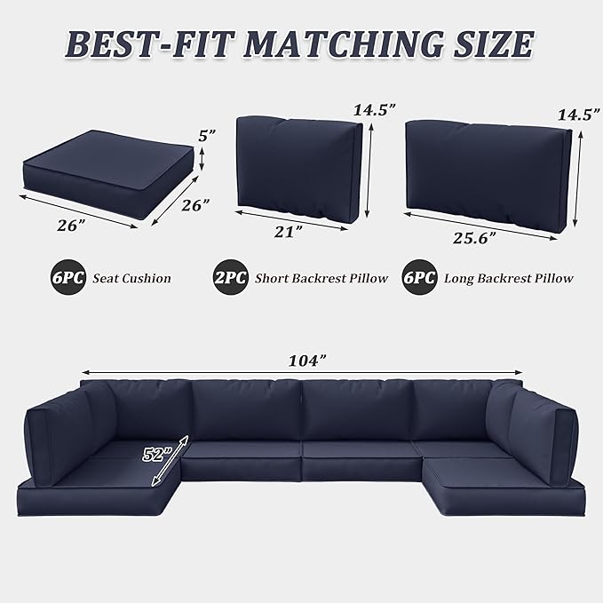 14-Piece Outdoor Cushions for Patio Furniture Thick Outdoor Chair Cushions 5" Foam High-Density Water-Resistant Deep Seat Cushion for 6-Seat Sectional Sets Liner&Cover Navy Blue