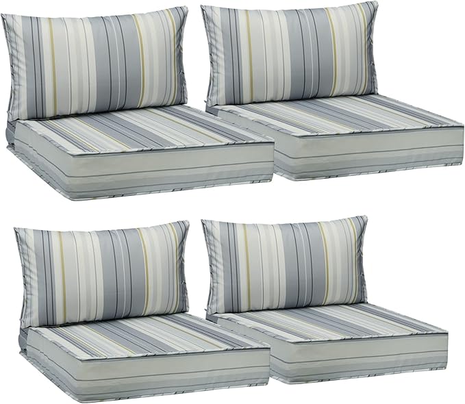 AAAAAcessories Outdoor Seat Cushions for Chairs, Fade-Resistant, Waterproof Patio Furniture Replacement Cushions, 24" x 24" x 5" + 24" x 13.5", Set of 4, Ash Blue Harbor Stripe