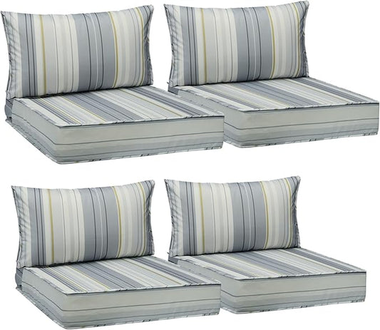 AAAAAcessories Outdoor Seat Cushions for Chairs, Fade-Resistant, Waterproof Patio Furniture Replacement Cushions, 25.5" x 25.5" x 5" + 25.5" x 13.5", Set of 4, Ash Blue Harbor Stripe