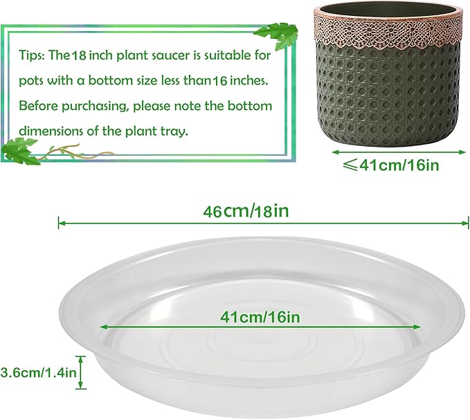 8 Pack 18 Inch Round Plant Saucers for Less 16 Inch Pot Indoors Outdoors Plant Trays for Pots Planter Saucer Plastic Drip Tray Planter Water Tray(Clear, 18"(8pcs))