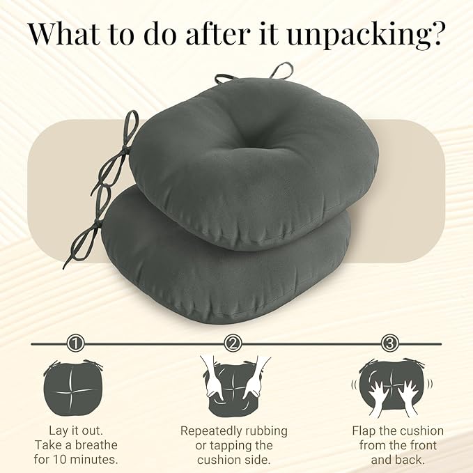 downluxe Bistro Chair Cushions for Patio Furniture, Water-Resistant Round Outdoor Chair Cushions Set of 2 with Non-Slip Ties, 15" x 15", Dark Grey
