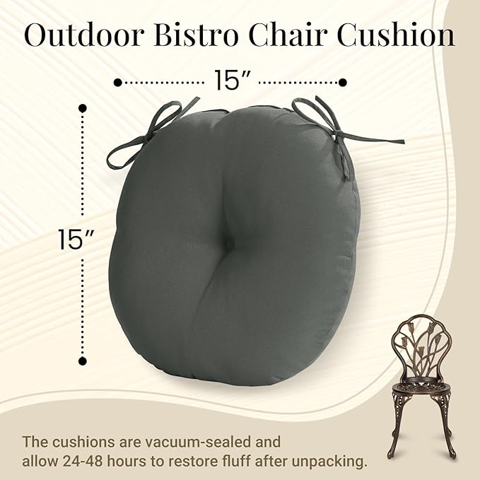 downluxe Bistro Chair Cushions for Patio Furniture, Water-Resistant Round Outdoor Chair Cushions Set of 2 with Non-Slip Ties, 15" x 15", Dark Grey