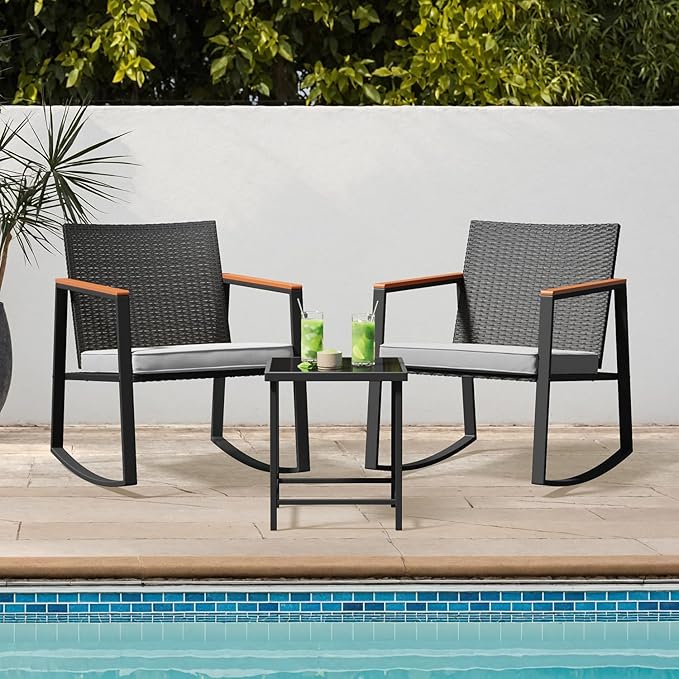 Bealife 3 Piece Patio Set with Cooling Wooden Armrests, Outdoor Rocking Chairs Set of 2 with Glass Table and Cushions, Wicker Patio Bistro Set for Garden, Yard, Balcony, Porch (Grey)