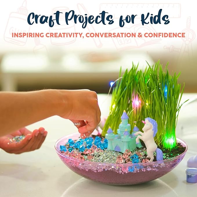 BRYTE Light Up Unicorn Terrarium Kit - Blue & Pink Round Plastic Dome, Ages 4-12 - Fairy Garden Kids Kit with Seeds & Terrarium Rock