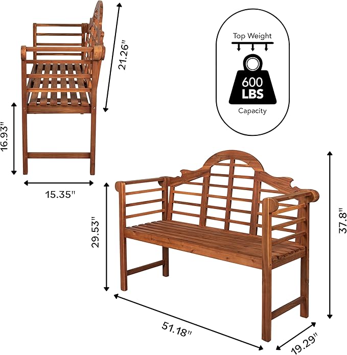JONATHAN Y BNH103A Lutyens 51.2" 3-Seat Arched 600-Lbs Support Acacia Wood Outdoor Garden Patio Bench for Garden, Lawn, Backyard, Pool, Deck, Beach, Firepit, Teak