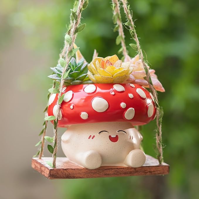 Mushroom Decor for Outdoor Garden: Gardening Plant Gifts for Women Mother Plant Lovers - 3.9inch Opening Cute Smiley Hanging Planter Pot with Drainage
