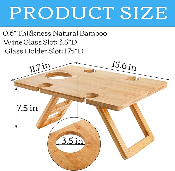 Youeon Portable Wine Picnic Table with 5 Wine Glasses Holder, Foldable Champagne Picnic Snack Table, Wine and Cheese Table for Picnic, Camping, Park, Beach, Wine Lover Gift