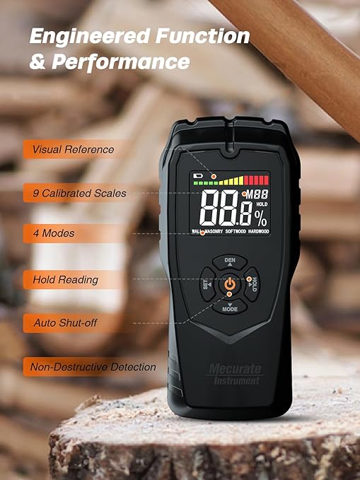 Moisture Meter Damp Meter Pinless Wood Moisture Meter for Walls Logs Firewood and Building Material, 4 Mode 9 Density Settings, Non-Destructive Moisture Detector with Backlit LCD and Alerts (Black)