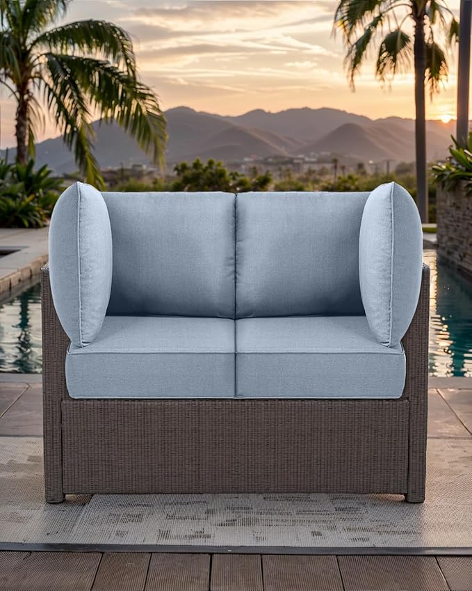 Luxury 24x24x6 Outdoor Corner Cushion 1 Set - Water-Repellent 3-Piece Cushion Set with Zipper for Outside Wicker Sofa Loveseat Chair Sectional Patio Conversation Sets - Baby Blue/Classic