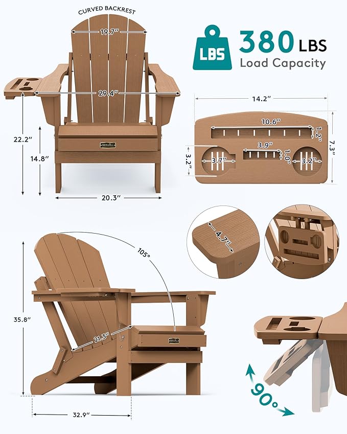 SERWALL Folding Adirondack Chair Set of 4, Outdoor Adirondack Chairs with 4 in 1 Cup Holder, Wood Texture Patio Chairs, Weather Resistant Fire Pit Chairs for Patio Deck Garden, Backyard Deck - Brown