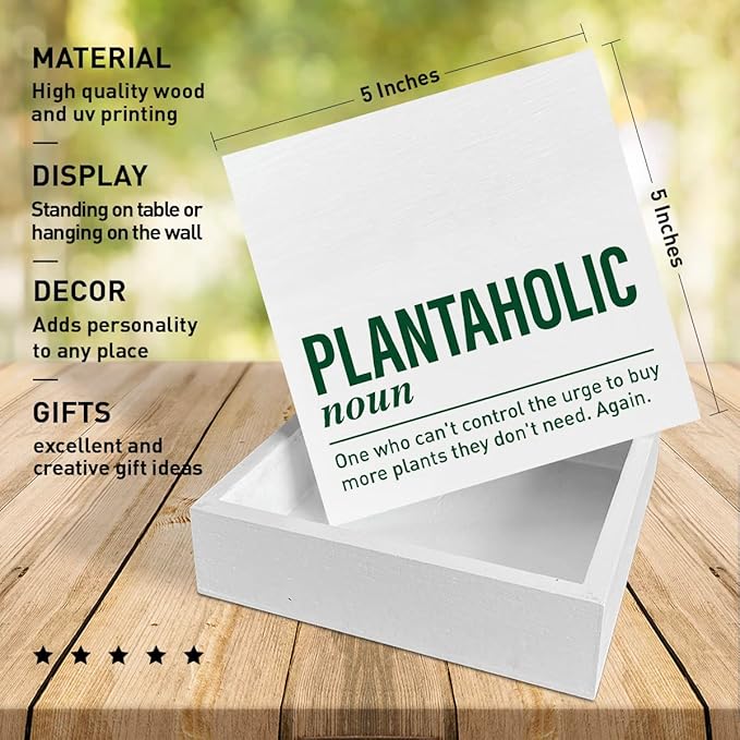 Plant Lover Desk Wooden Box Sign Decor, Plantaholic Definition, Plant Garden Decor Home Office Desk Decoration Gardening Gardener Planter Plant Lover Gifts for Women Men Mom Teens Kids