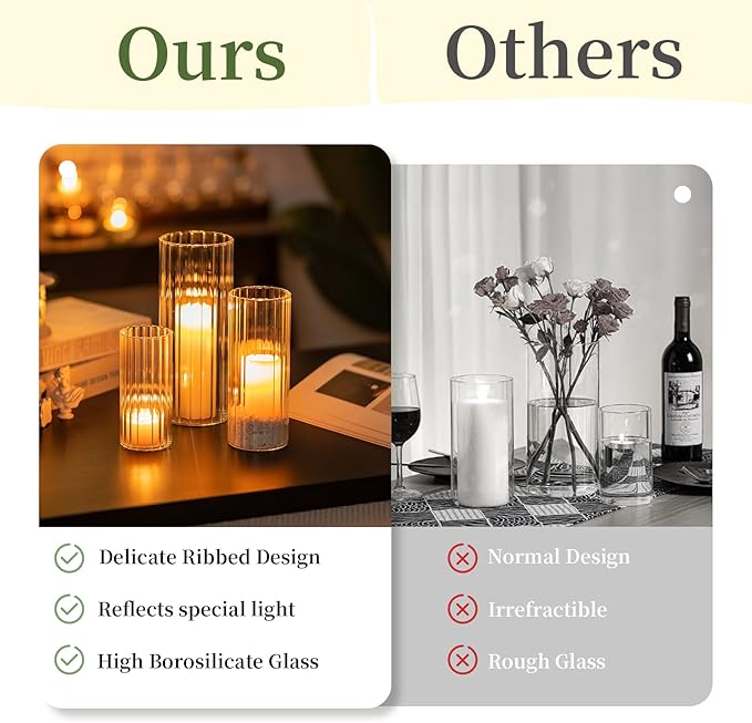 Glasseam Glass Cylinder Candle Holder, Clear Ribbed Vase Set of 18, Hurricane Pillar Candle Holder, Floating Candle Holders for Table Centerpiece, Flute Flower Vases for Centerpieces Dining Table