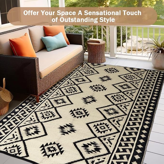 LILIOFFIC Outdoor Rugs - Reversible Mats, 5'x8' Plastic Straw Rug for Patio Clearance Waterproof, Indoor Outdoor Area Rug Carpet for Outside, RV, Deck, Picnic, Beach, Trailer, Camping, Black & Beige