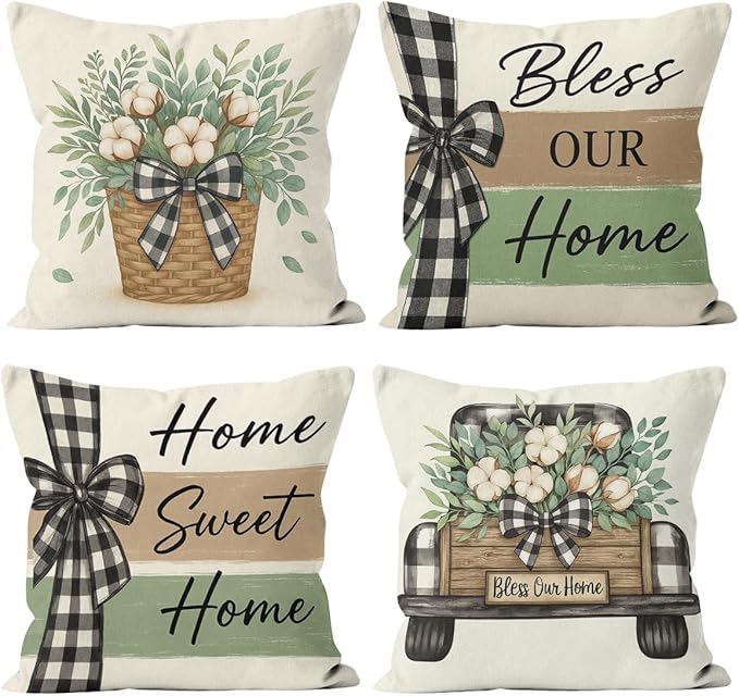 Farmhouse Pillow Covers 18x18 inch Set of 4, Plaid Bow Home Throw Pillow Covers Farmhouse Cushion Case Decor for Sofa Couch