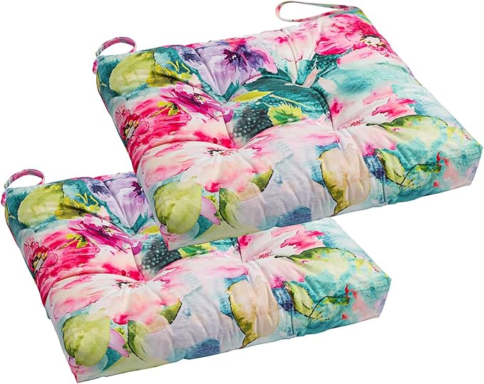 2-Pack Outdoor/Indoor Wicker Patio Seat Cushion Pad with Ties - Dining Chair Cushion, 17" x 17" (Watercolor Flowers)