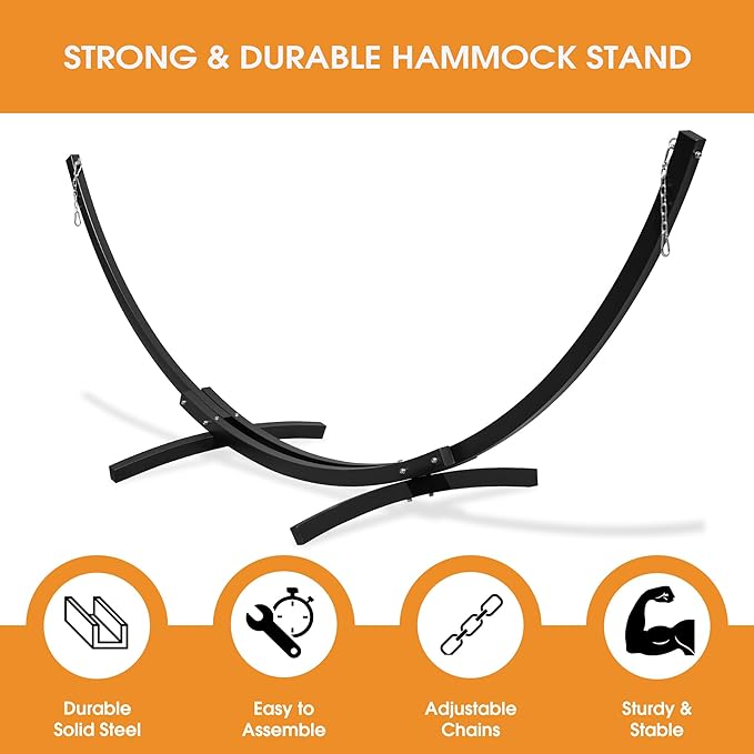 Lazy Daze Hammocks 13.5 Ft Heavy Duty Steel Arc Hammock Stand with Carabiner and Chain, 2 Person Weather-Resistant Curved Stand for Outside, Backyard, Patio, 500 Lbs Capacity, Black