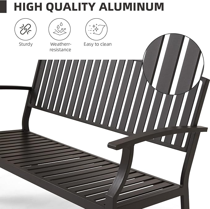 52" Outdoor Bench Weatherproof, Aluminum Metal Patio Garden Bench, Patio Loveseat for Porch Garden Lawn Backyard Park Balcony(Grey, 1PC)