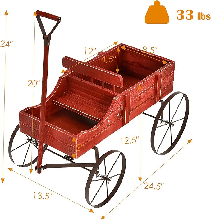 Wooden Wagon Planter with Wheels, Indoor/Outdoor Flower Cart w/Dual-Compartment & Adjustable Handle, Decorative Garden Planter for Home, Yard, Wedding (Red)
