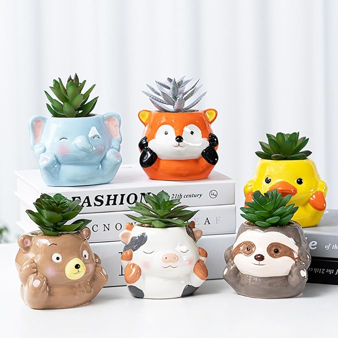 Ceramics Animals Succulent Planters Small Succulent Pots Cute Plant Pots Tabletop Decorations for Indoor Plants Home Office Garden Flower Pot Gifts for Plants Lover (Fox)