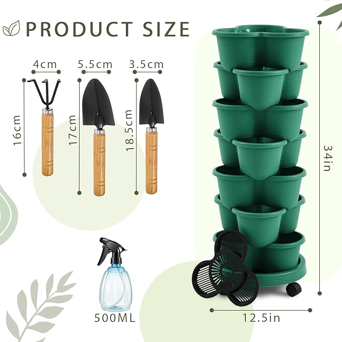 Umigy 1 Set Green 7 Tier Stackable Vertical Planters with Removable Wheels and Tools Tower Planters Strawberry Herb Flower Vegetable Pots Indoor Outdoor Gardening Pots
