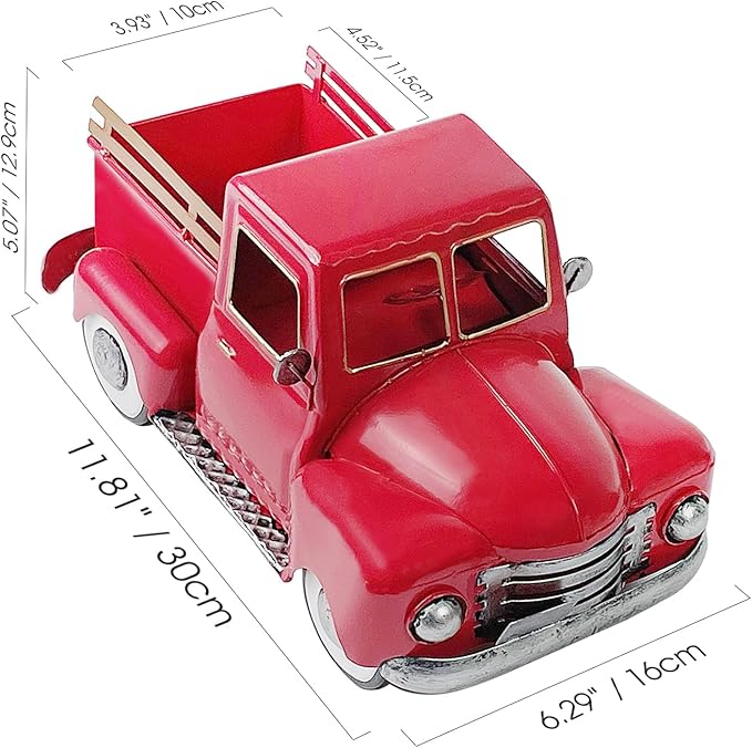 Vintage Red Metal Truck Decor, Red Truck Christmas Decor, Decorative Tabletop Storage,Farmhouse Pickup Truck Planter for Garden Home Holiday Decor