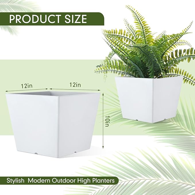 Set of 2 10 Inch Large Taper Planters Outdoor Indoor Tall Resin Flower Pots with Drainage Holes Modern for Front Porch Patio Backyard Plants