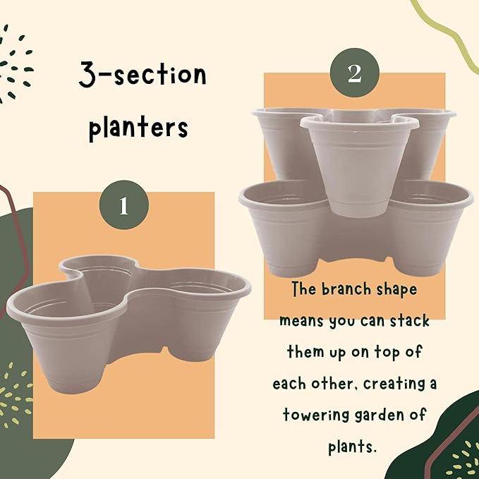 Stackable Plastic 3-Section Planters 10x9x3.75-in, Vertical Tower Pots Garden Accessories Indoor Outdoor Strawberries Flowers Herbs Vegetables, 2-ct. Packs Medium (Beige)
