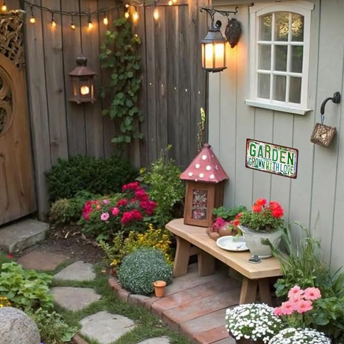 Vintage Garden Metal Tin Sign License Plate Wall Decor for Garden Lover 12 x 6 Inches - grown with love