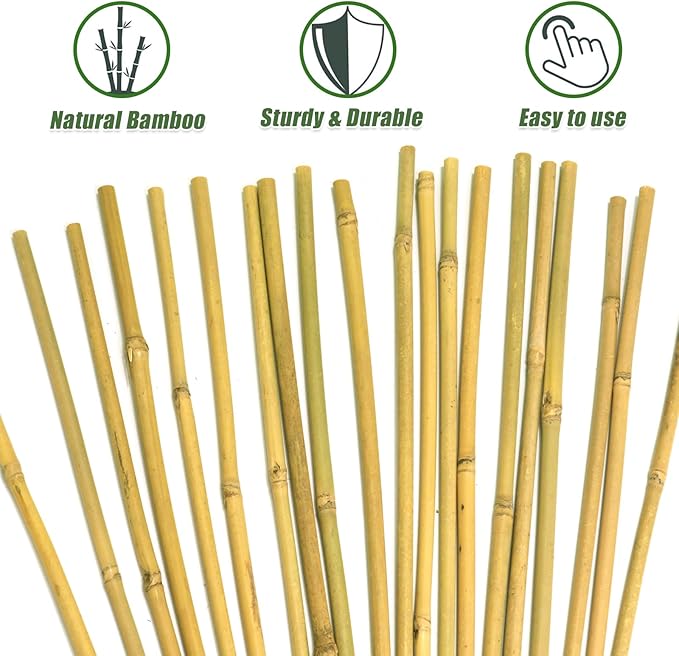 20 Pack 16/18 Inch Natural Bamboo Stakes for Plants, Thick-Wall Garden Stakes with 20 Free Green Ties - Sturdy & Treated Plant Support Sticks for Indoor/Outdoor Potted Tomatoes, Vegetables (18 Inch)
